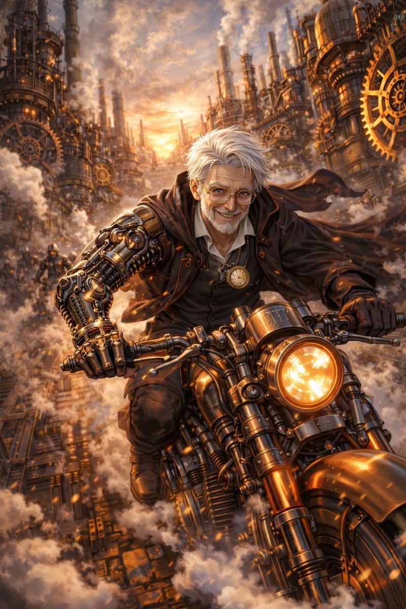 Steampunkを含んだイラストコンテスト
3月8日（日） 24時迄
応募宛先:<a href="/yatagarasu_f/">八咫烏/🇯🇵</a> 
－－

歯車の鼓動が夕焼けに溶けるころ、老いた影は蒸気を裂いて疾る。

真鍮の腕がきしみ、懐中時計は運命を刻む。

追手の足音さえ風にほどけ、彼は迷宮の奥へと笑みを残した。