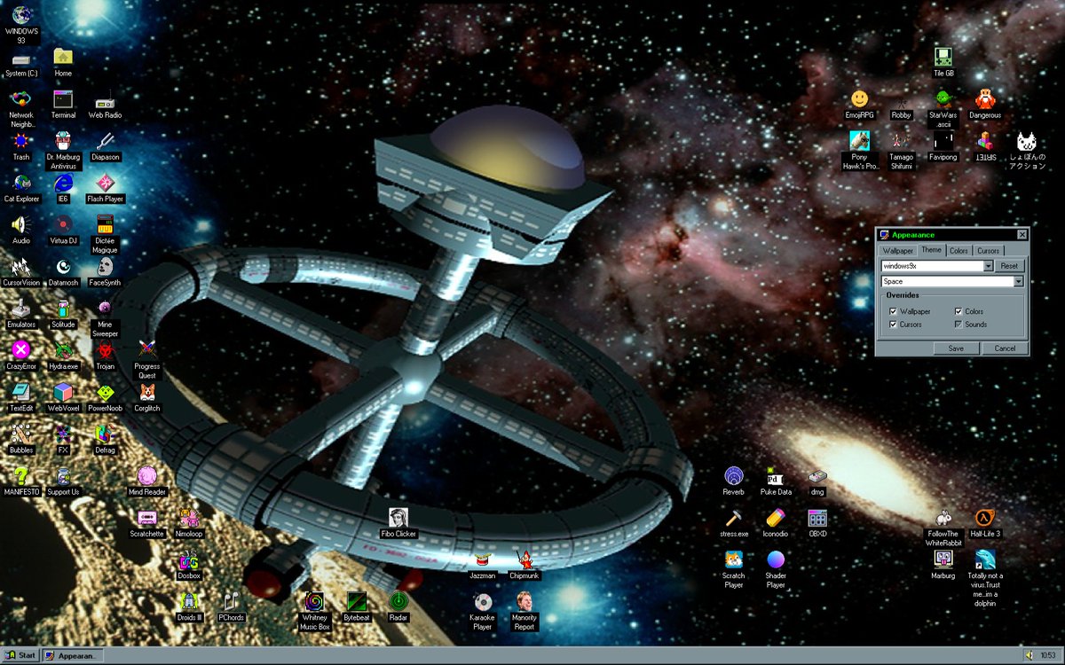 jankenpopp's tweet photo. https://t.co/mzQZRO6j8E comes with a large collection of classic desktop themes.
Right-click the desktop → Preferences to switch between them. You can also import old-school themes, icons, sounds, and wallpapers from the era.
#windows93 #internetart #archeology #retrotech https://t.co/kn6rj8kfSe