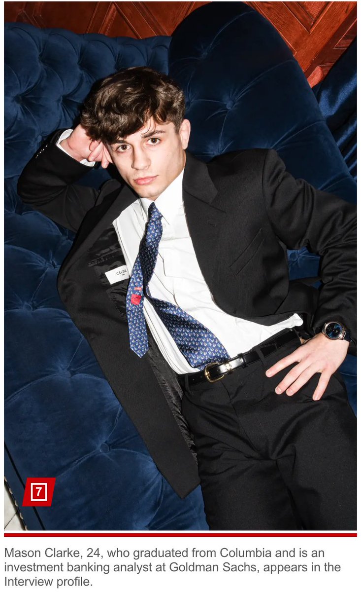 BrianSozzi's tweet image. Amazing Goldman Sachs' comms. team allowed a 24-year old entry level-ish investment banker named Mason Clarke sit for a photo spread showing a Hermes tie, Celine suit and maybe an Omega watch (can't tell).

Very counter to the well-known non-showiness (at least externally) of the