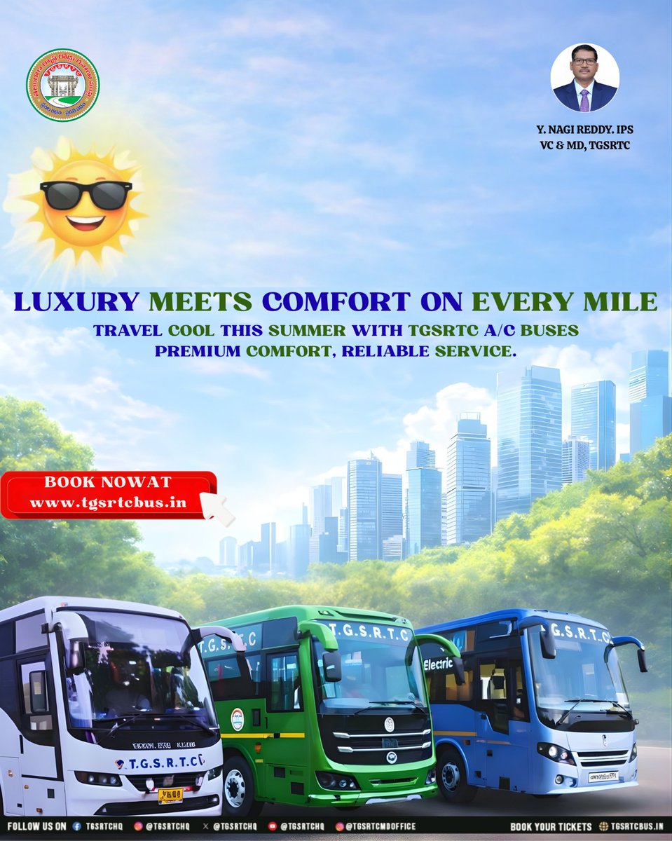 TGSRTCHQ's tweet photo. Beat the summer heat with cool and comfortable journeys! ☀️❄️
Travel in style with TGSRTC A/C buses where luxury meets comfort on every mile. Smooth rides, premium seating, and reliable service await you.
Book now and enjoy a refreshing journey! 🚌

#TGSRTC #ACBus #SummerTravel https://t.co/uIpRJw7tBk