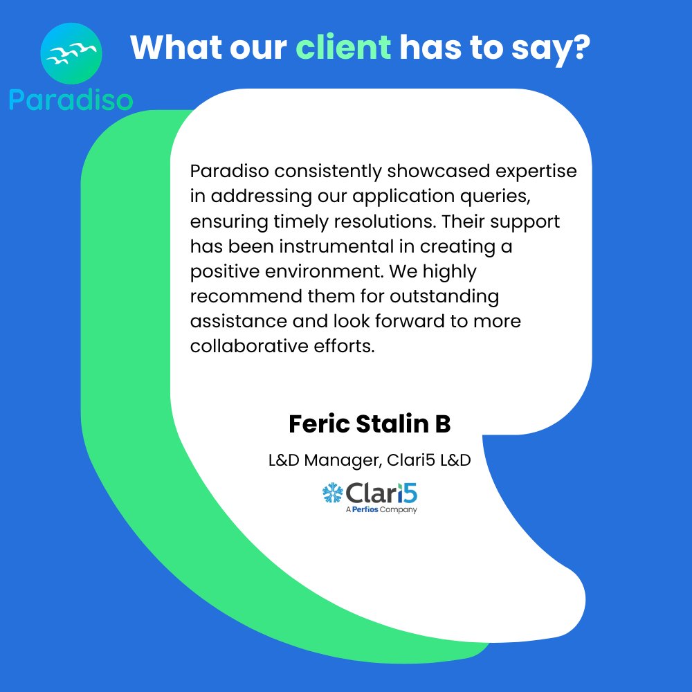 Nothing speaks louder than our customers’ success.
Thank you for trusting Paradiso LMS to power your learning and training experience.

#ParadisoLMS #LearningManagementSystem #CorporateTraining #Elearning #WorkplaceLearning #AIinLearning #TrainingSolutions