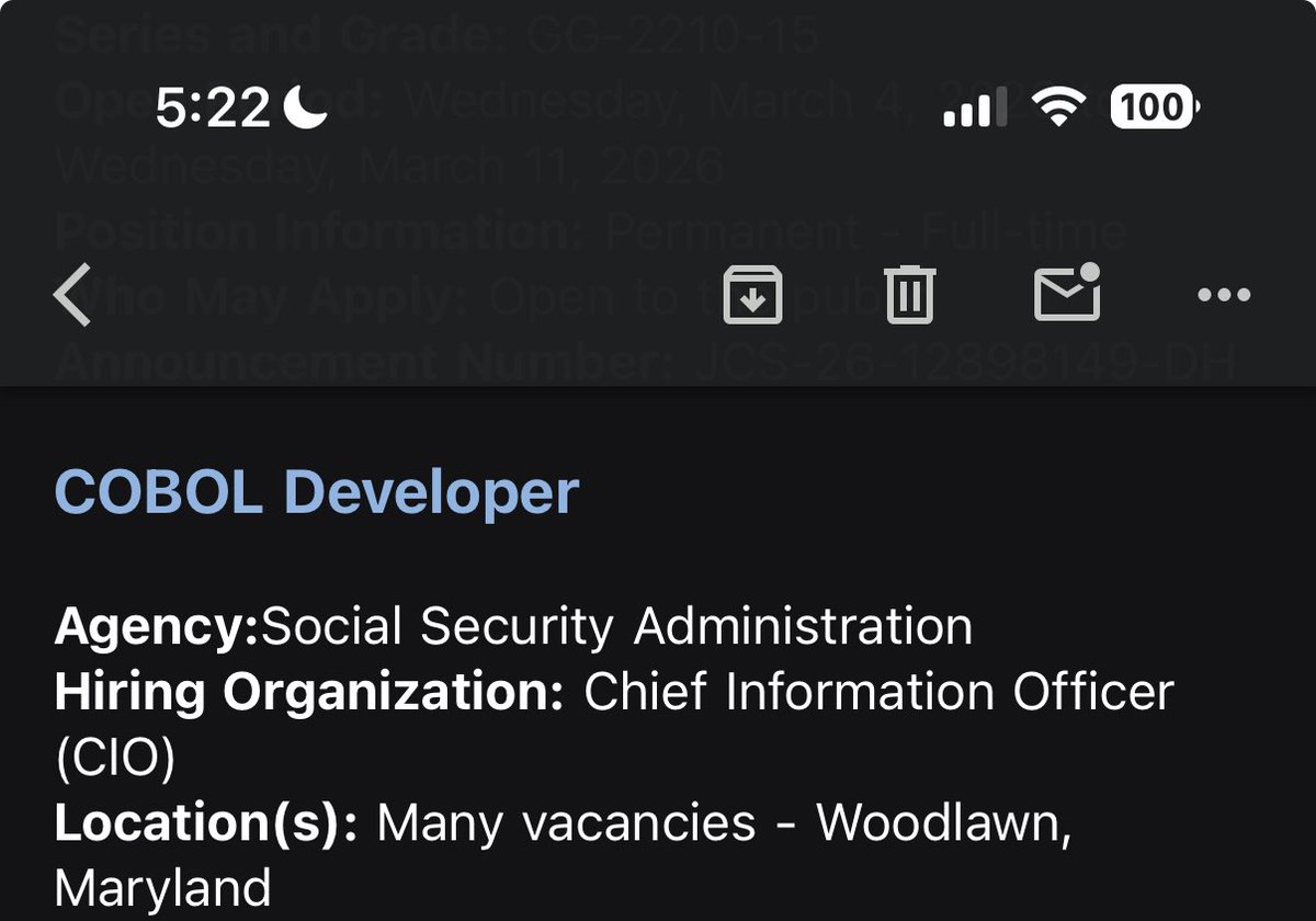 davezatz's tweet image. COBOL still being a thing (at SSA) is not reassuring.