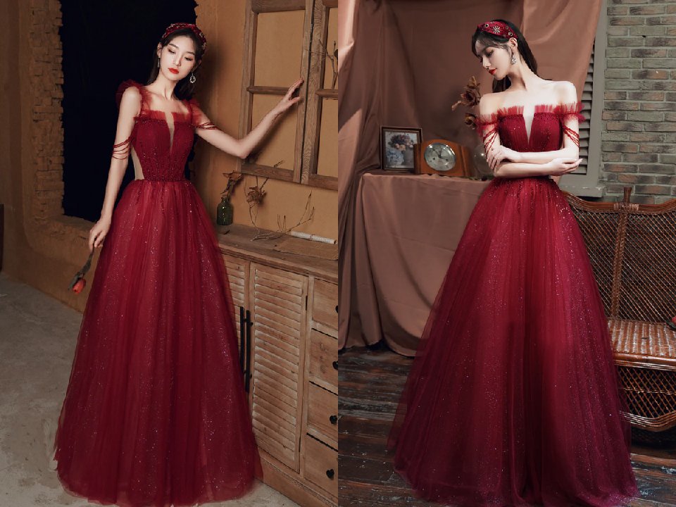 Burgundy Tulle Long A Line Beaded Prom Dress, Off the Shoulder Evening Party Dress