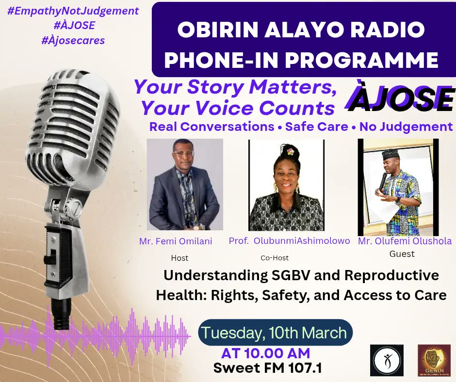 Obirin Alayo on Sweet FM 109.1

Join us 19 March 2026 | 10:00 AM on SweetFM109.1

Host: @femiokilani
Co-Host: @olubunmiashimolowo
Guest: Olufemi Olusola

A powerful conversation.

📻 Tune in and call in to be part of the discussion.

#Ajose
@gender_dev_initiative
@SweetFM1091