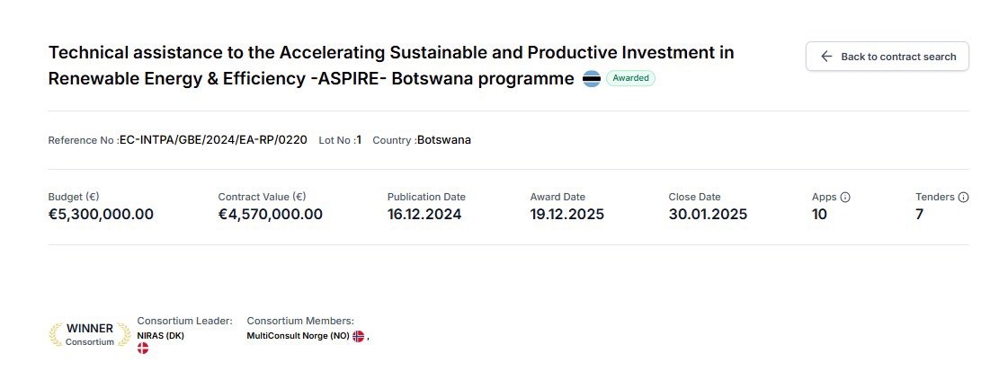 eacontracts's tweet photo. Awarded: Technical assistance to the Accelerating Sustainable and Productive Investment in Renewable Energy &amp; Efficiency -ASPIRE- Botswana programme. https://t.co/an2qgO7Tk4