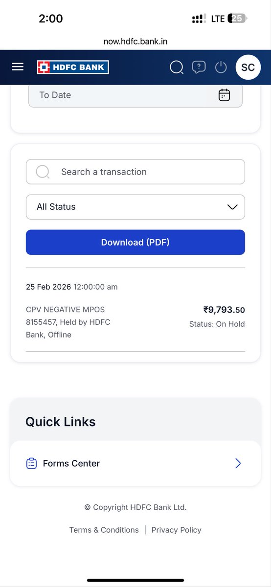 subhashrock5's tweet photo. @HDFC_Bank Dear Sir/Madam,

I am an account holder of HDFC Bank. I noticed a transaction in my account dated 25 Feb 2026 for ₹9,793.50 with the description “CPV NEGATIVE MPOS (Ref No. 8155457)” and the status showing On Hold / Held by HDFC Bank (Offline).
1/2

@HDFCBank_Cares https://t.co/EQd0Ywmi6p