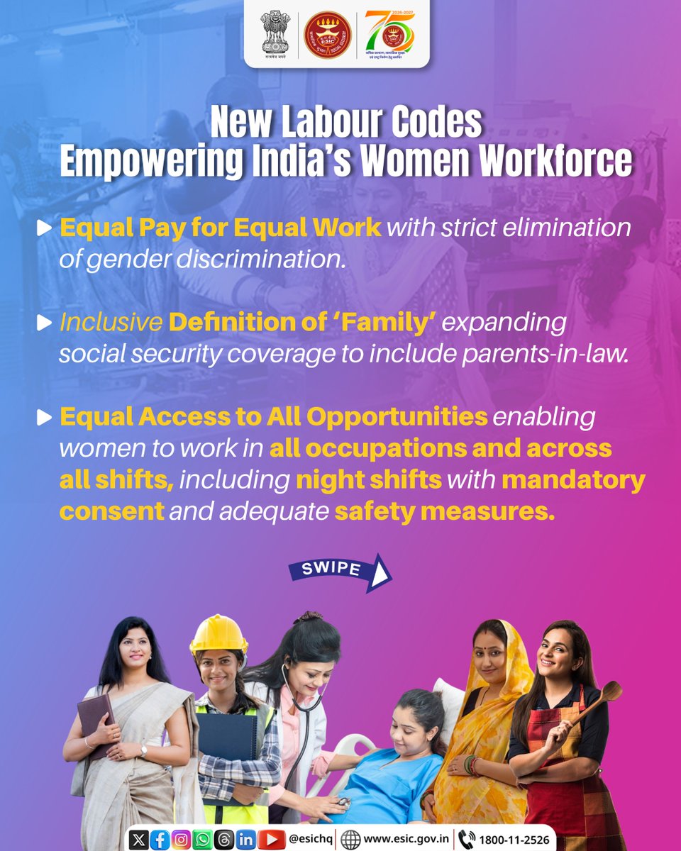 esichq's tweet photo. When policy empowers women, the nation progresses.
The New Labour Codes mark a key step towards safer workplaces, stronger social security and equal opportunities, enhancing maternity benefits, ensuring equal pay and expanding women’s participation across sectors.
Reaffirming the Government’s commitment to dignity, security and empowerment of India’s women workforce, advancing the vision of Atmanirbhar Bharat.

#ESIC75 #LabourReforms4NewIndia #NewLabourCodes #InternationalWomensDay

@mansukhmandviya @ShobhaBJP @LabourMinistry
@MinistryWCD @MIB_India @PIB_India @mygovindia
