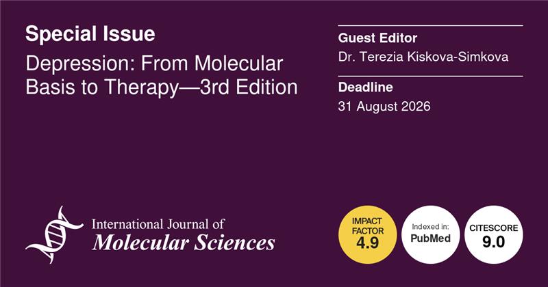 IJMS_MDPI's tweet photo. ⭐Calling for Papers⭐
 
📚#Depression: From Molecular Basis to Therapy—3rd Edition
 
👨‍🔬Guest Editor: Dr. Terezia Kiskova-Simkova
🔗 Find More: https://t.co/cFKD0dA79y
⏰Submission Deadline: 31 August 2026
 
#CallforPapers #OpenAccess #MDPIIJMS #neurobiology #neurotransmitters https://t.co/5ez1jYuq3a