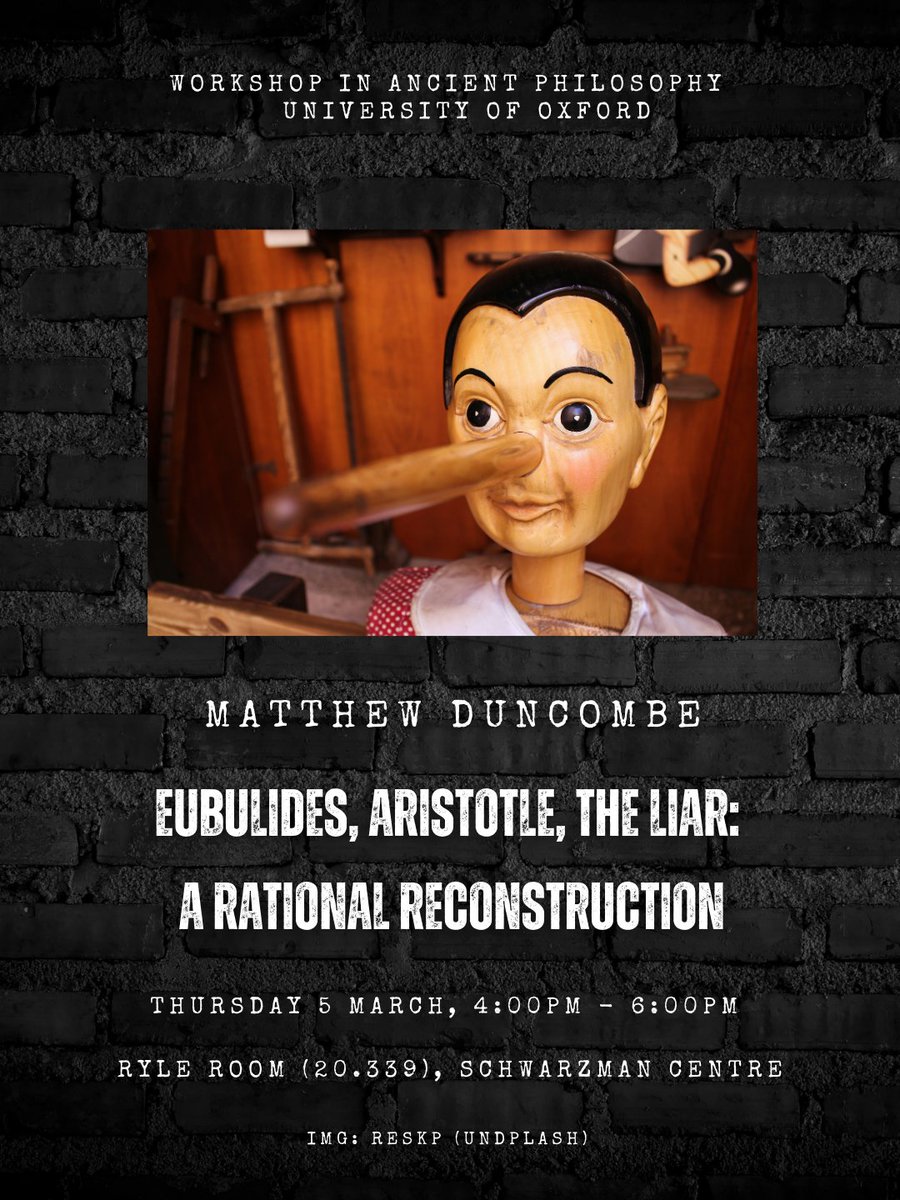 NottsPhilosophy's tweet image. Matthew Duncombe is speaking at @oxford_uni today on Eubolides, Aristotle, and the liar paradox.⁣
⁣
Why did Eubolides pose the liar argument? what was it for?⁣
⁣
Matt considers three answers (and will be truthful all throughout his talk).⁣
⁣
#philosophy #logic #liar