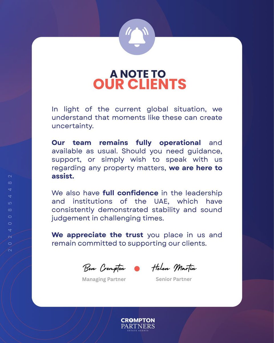 CromptonPartner's tweet photo. During times of global uncertainty, stability and trust matter more than ever.

Our team remains fully operational and available to support you with any property guidance. We remain confident in the strength and leadership of the UAE.

We appreciate the trust of our clients. https://t.co/7WzvHyd8Ws