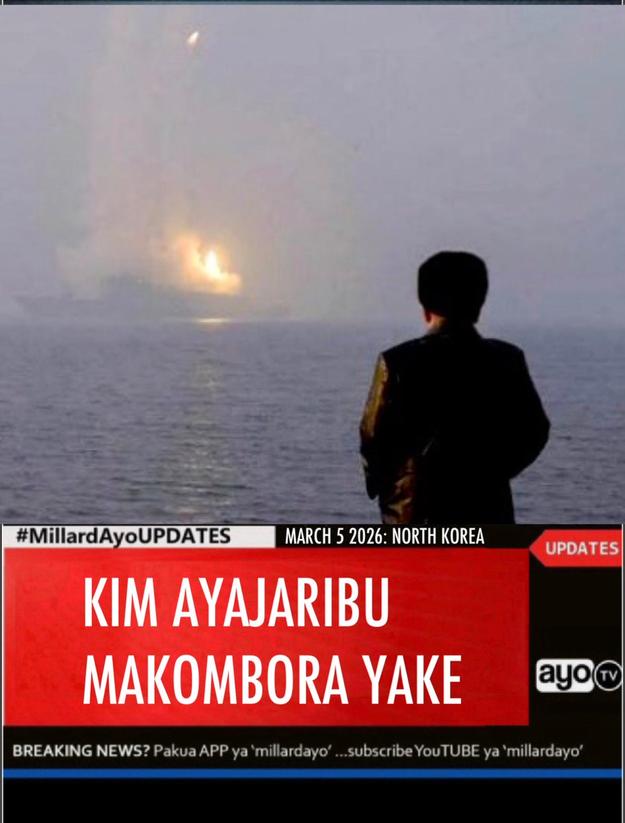 millardayo's tweet photo. Kiongozi Mkuu wa Taifa la Korea Kaskazini Kim Jong UN, amesimamia na kushuhudia majaribio ya urushaji makombora ya kimkakati kutokea kwenye meli yake ya kivita majaribio ambayo yamekwenda sambamba na zoezi la ulengaji shabaha.

Chombo cha habari cha Serikali ya Korea Kaskazini kimesema makombora hayo ya kutoka baharini hadi ardhini yamerushwa jana March 04,2026 ikiwa ni sehemu ya kuonesha uwezo wa Nchi hiyo kujilinda kwenye maeneo yake ya Bahari. #MillardAyoUPDATES