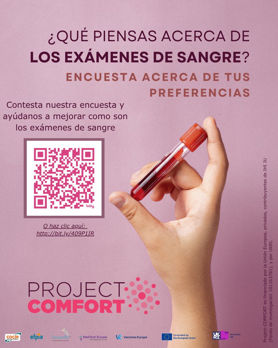 _ibima's tweet photo. 🩸 ¿Qué opinas sobre los análisis de sangre?
Tu experiencia puede ayudar a mejorar cómo se realizan estas pruebas. Participa en la encuesta internacional del proyecto europeo #ProjectCOMFORT y comparte tu opinión.
⏱️ Solo te llevará unos minutos
👉 https://t.co/9jQcprJfVy https://t.co/c2bnbhGGxR