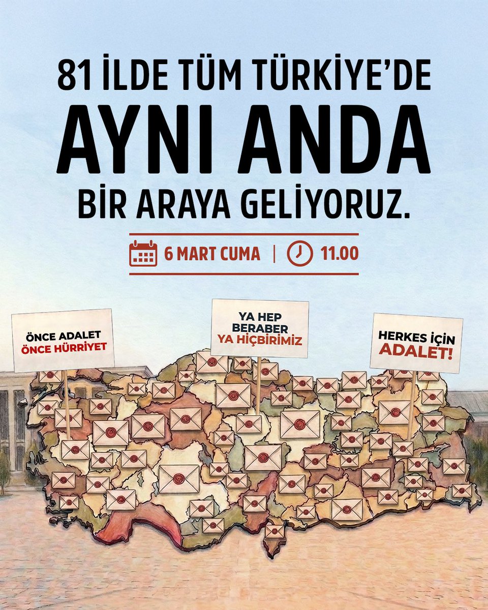 İsimlerimiz farklı olsa da mücadelemiz ortak. Aynı gökyüzü altında, hak, hukuk, adalet için bir araya geliyoruz. Saraçhane’den yükselen sesimiz dalga dalga yayılıyor. Bu kez sadece bir meydanda değil, 81 ilde tüm Türkiye’de aynı anda bir araya geliyoruz.