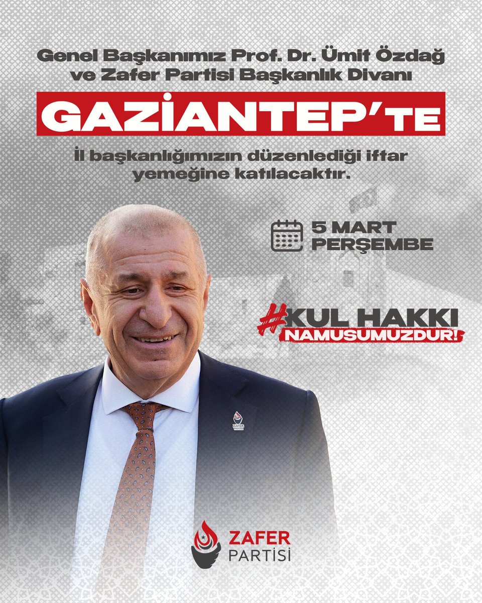 Sevgili Gaziantepli Hemşehrilerim,

Bugün sizlerle helal ekmeğimizi bölüştüğümüz, #KulHakkı yenilmeyen iftar soframızda bir araya geliyoruz.

<a href="/zaferpartisi/">Zafer Partisi</a>