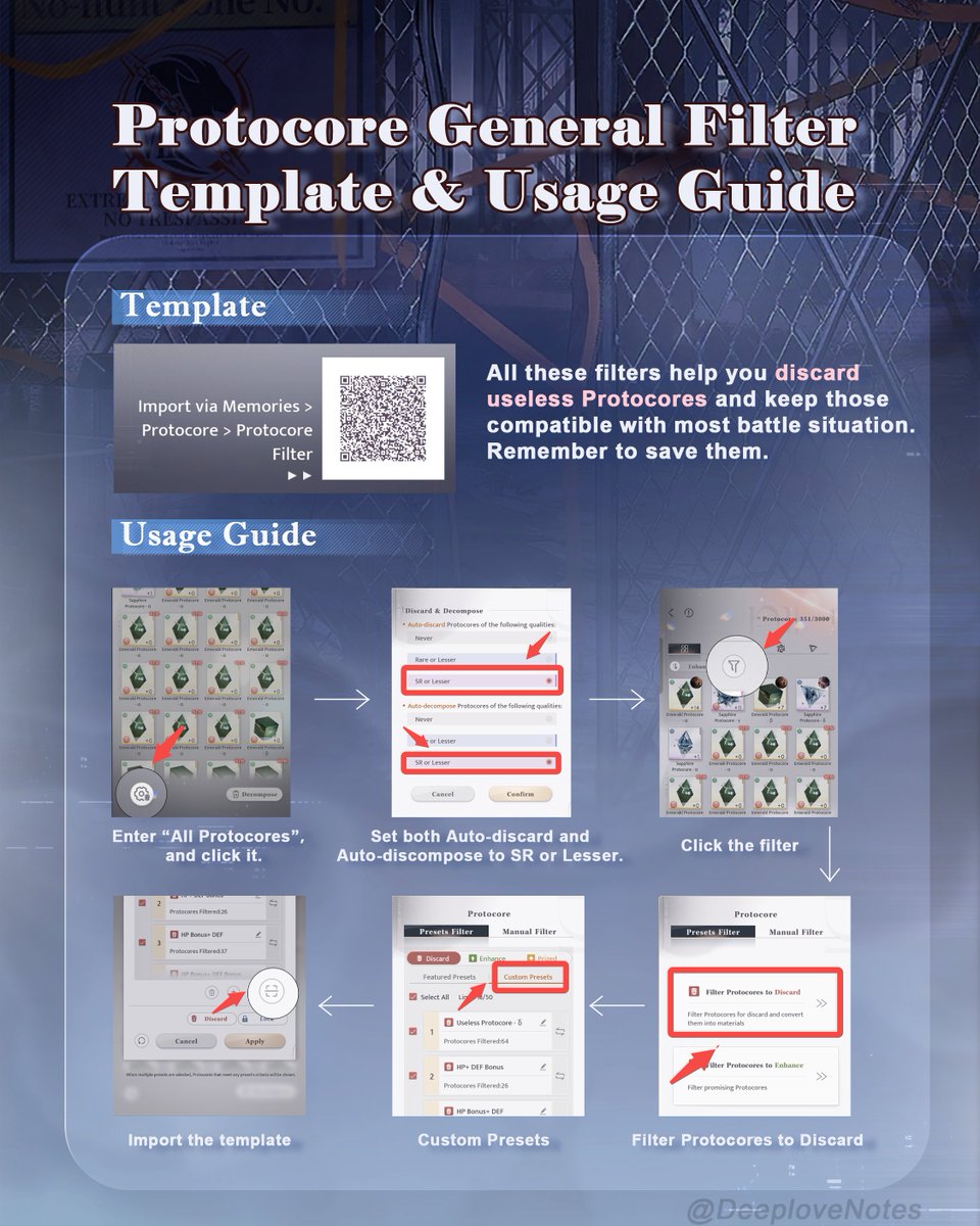 DeeploveNo36688's tweet image. Don't know how to set up the new Protocore system? Grab this ready-made solution!

All these filters help you discard useless Protocores and keep those compatible with most battle situation. 
Remember to save them.

#LoveandDeepspace #protocore #guides