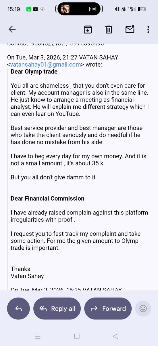 VatanSahay's tweet photo. Just a single mail from Olymptrade side a casual mail.Tomorrow is the last working day to deposit it to my account and trust me if they have not deposited in the last 5days then what miracle will be done and they deposit it by tomorrow. PFA mail refrence @OlympTrade @The_FINACOM https://t.co/eVmfCtndpB