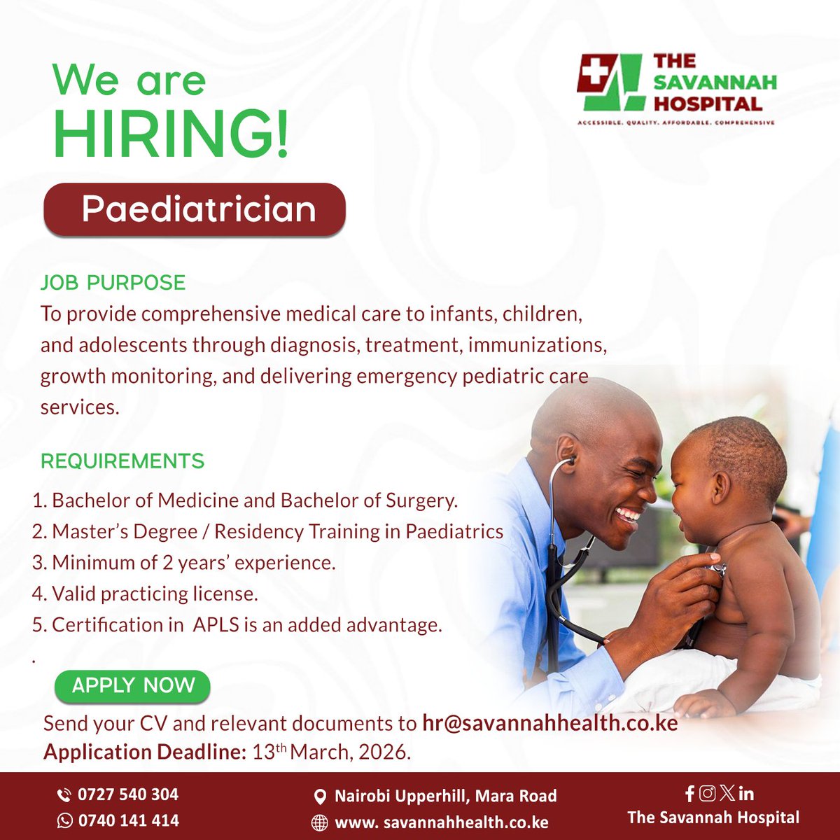 Savannah_Health's tweet photo. #jobvacancy
We are Hiring! Join Our Growing Clinical Team.
We are seeking a compassionate Paediatrician and a dedicated Clinical Officer to join our team in delivering high-quality, patient-centered care.
Send your CV to hr@savannahhealth.co.ke before 15th March, 2026. https://t.co/lXWCP2gE4W