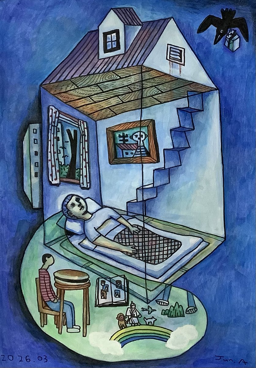 眠る人:どら焼きの夢 2026.03 水彩、色鉛筆、ペン・紙 A5（210×148mm）