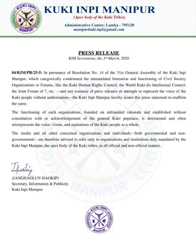 There are many Kuki armchair intellectual groups sitting in Israel, Myanmar, and some Indian universities that misrepresent.  The so-called World Kuki-Zo Intellectual Council and the Kuki Human Rights Council are among those groups. Never too late, Kuki Inpi Manipur (KIM).