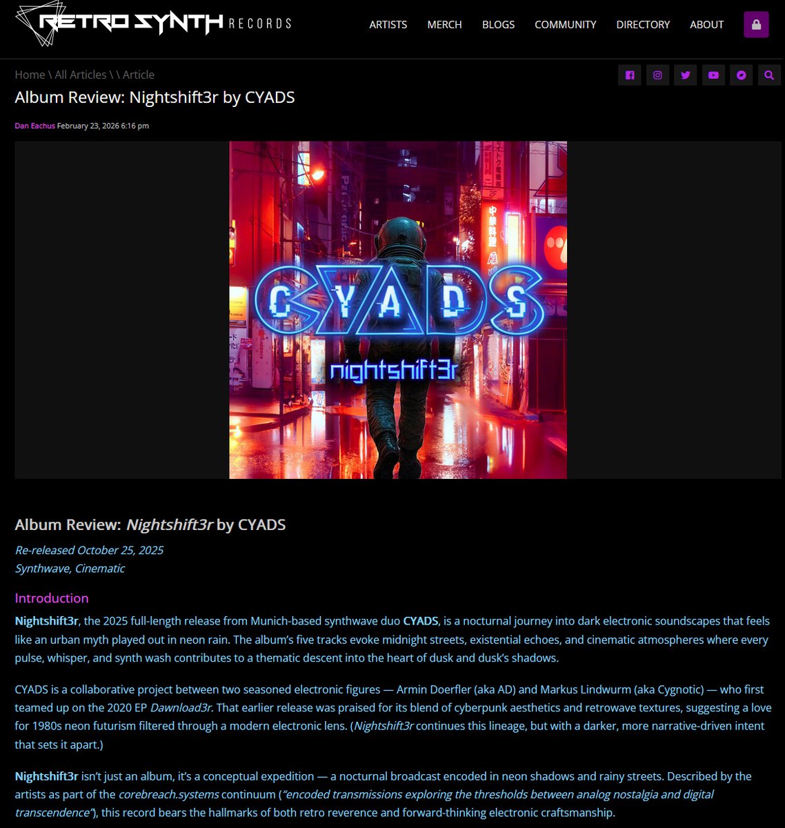 cyads's tweet photo. 🔥 CYADS – Nightshift3r 🔥
*Technically a testament to meticulous electronic sound design
*Neon Noir environments &amp; emotional pacin
*A 5track nocturnal journey into dark electronic soundscapes
*More than just Synthwave – a modern statement between nostalgia and electric depth https://t.co/PoXUThB3fA