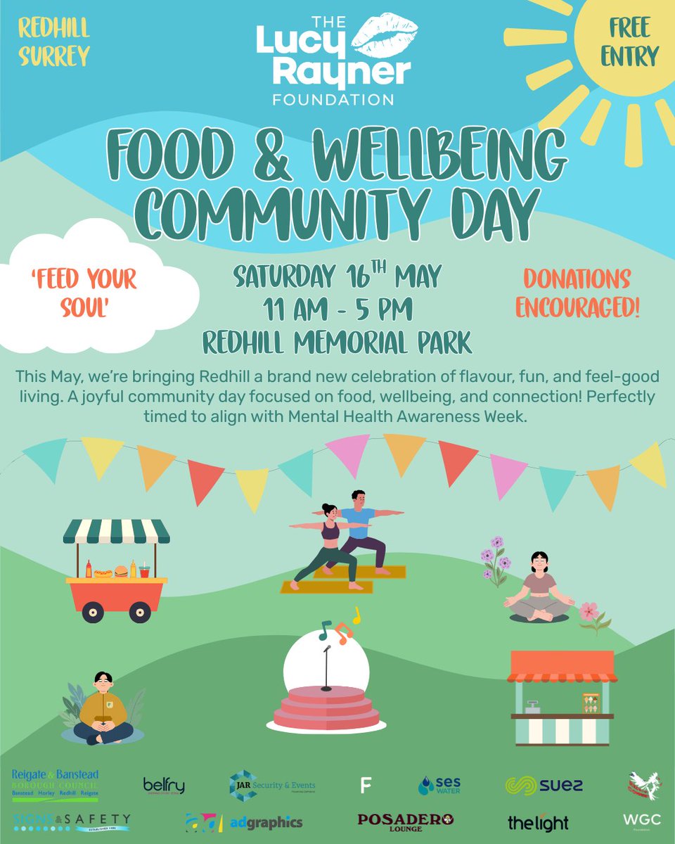 TheLRFoundation's tweet photo. LRF Food &amp; Wellbeing Community Day: Feed Your Soul 🥗🧘‍♂️

Save the date!
🗓 Saturday 16th May 2026
⏰ 11 am to 5 pm
📍 Redhill Memorial Park
🎟️ FREE entry (donations encouraged on the day)

#LRF #RedhillSurrey #SurreyEvents https://t.co/JXpepyvHBg