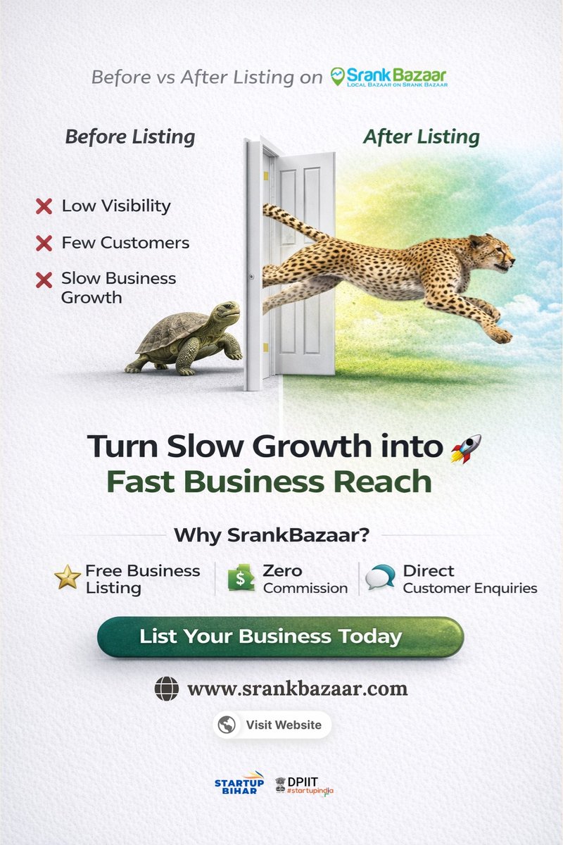 Srank_Bazaar's tweet photo. From Slow Growth to Fast Business Reach 

Low visibility? Few customers?

List your business on SrankBazaar and get Free Listing, Zero Commission &amp; Direct Customer Enquiries.

👉 List today: https://t.co/4kysMmQRWU

#srankbazaar #businessgrowth #smallbusiness https://t.co/uFLHu0hHqK