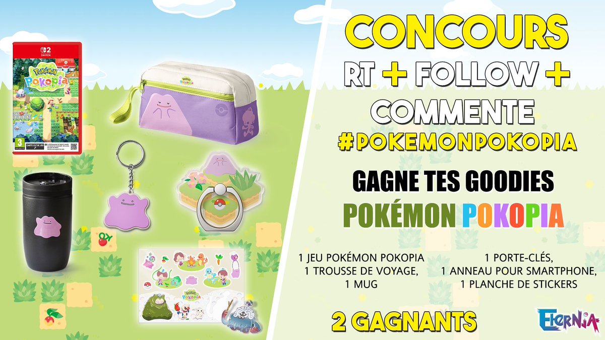 🎁CONCOURS✨ Gagne ton pack #PokemonPokopia, contenant le jeu et les goodies suivants : 1 trousse de voyage, 1 mug, 1 porte-clés, 1 anneau pour smartphone et 1 planche de stickers !
👉 RT ce Tweet
👉 Follow <a href="/SiteEternia/">Eternia</a> et <a href="/NintendoFrance/">Nintendo France</a>
👉 Commente avec le hashtag