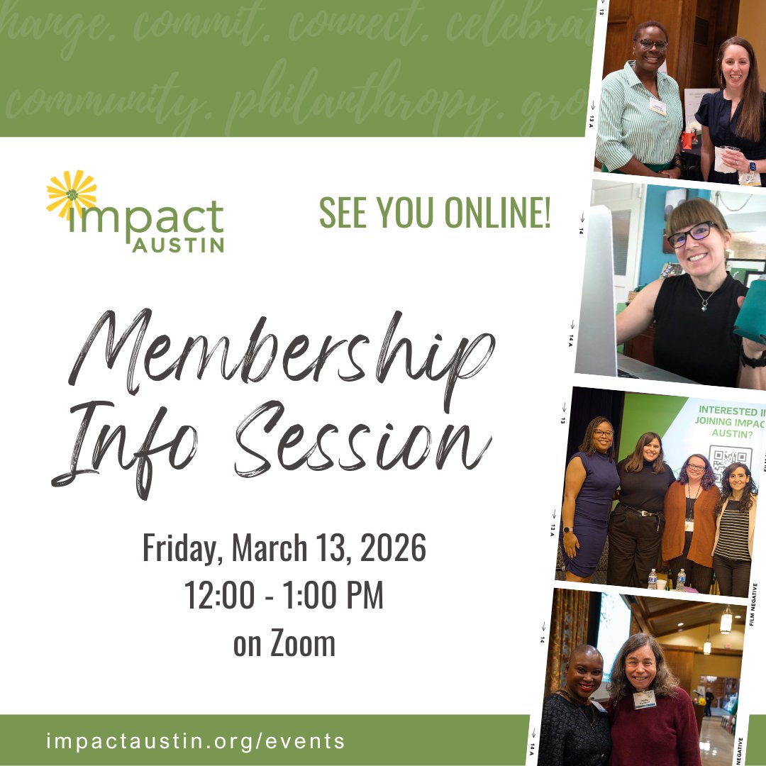 Are you curious about Impact Austin? Would you like to know more about what we do and how you could become involved? Join our information session from the convenience of your desk or the comfort of your favorite chair.  bit.ly/4r838JS