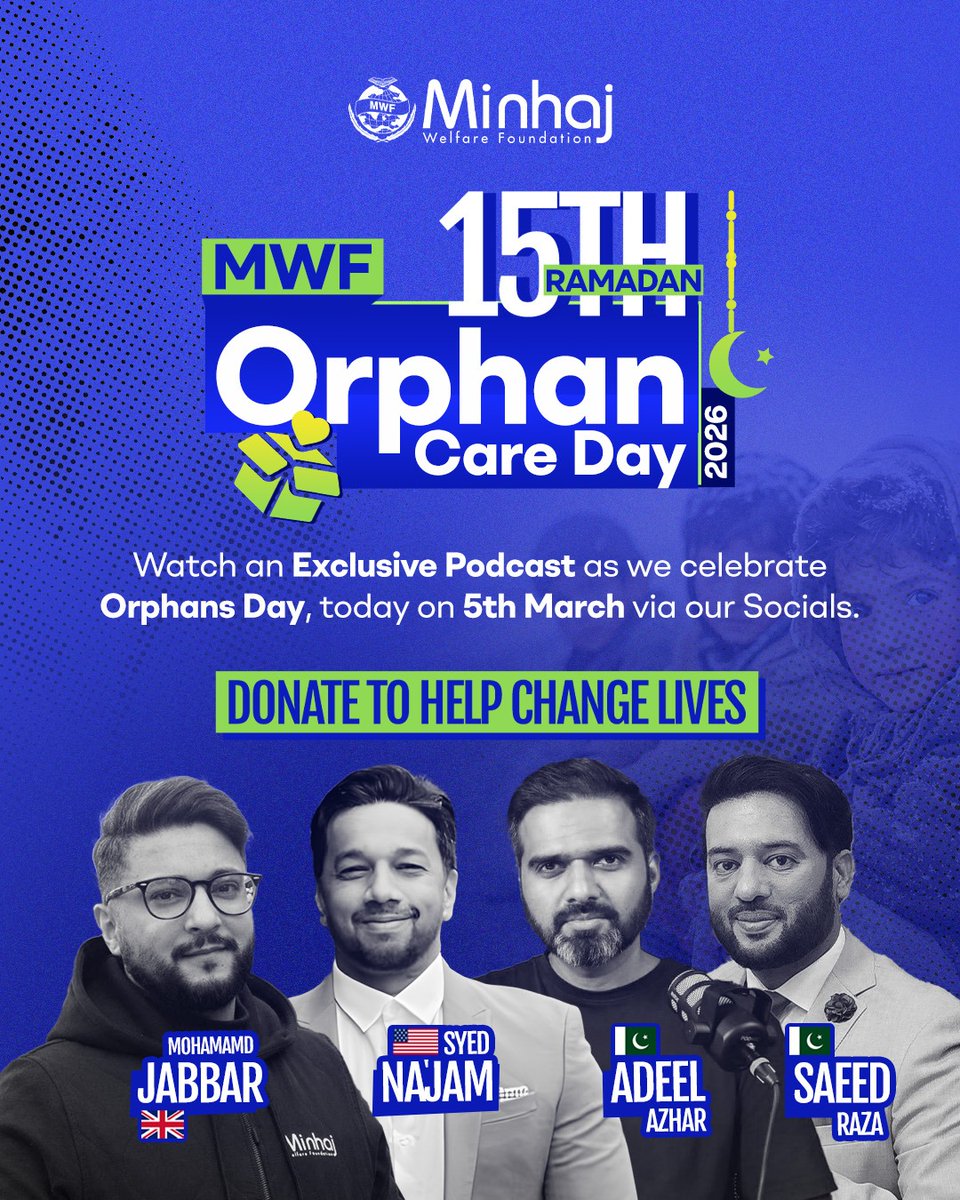 minhajwelfare's tweet photo. 📢 It’s MWF Orphan Care Day! Tune in to our social channels TODAY for an exclusive podcast as we mark the 15th of Ramadan.
✨ Let’s come together to support & change lives!
DONATE NOW: https://t.co/gVtr5hlGHW
#MWF #OrphanCareDay #Ramadan #orphanday #startuppakistan https://t.co/PbMegjXmPs