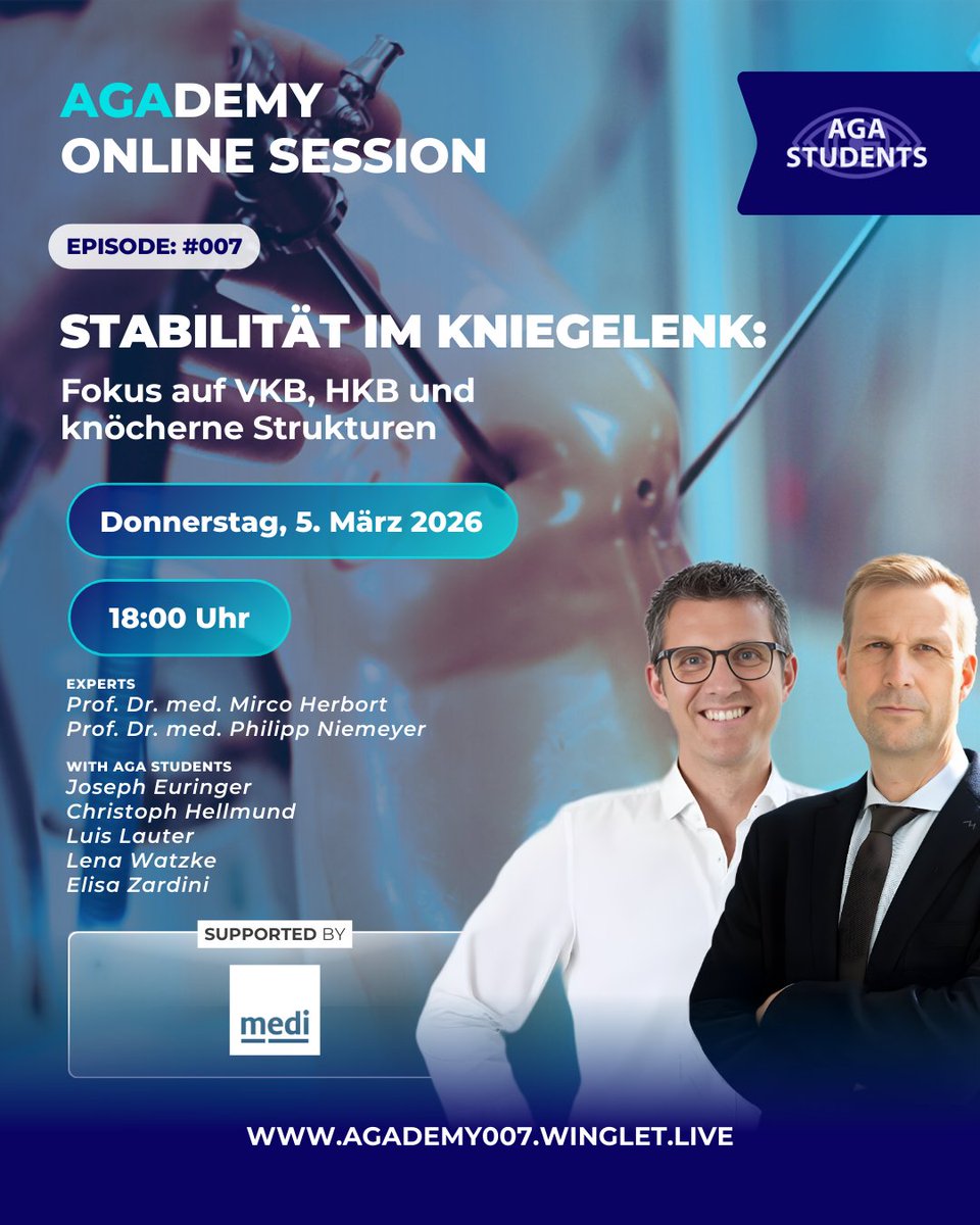 wingletedu's tweet photo. 🎯 𝗟𝗜𝗩𝗘 𝗧𝗢𝗗𝗔𝗬: Join Mirco Herbort &amp; Philipp Niemeyer at 18:00 CET for AGAdemy on knee joint stability! 💻 Zoom link below. 🔗 https://t.co/qe8fQkScqV #AGAdemy #Orthopedics #SportsMedicine #KneeSurgery #MedicalEducation #WingletCommunity #AGA https://t.co/23ILh7KyYN