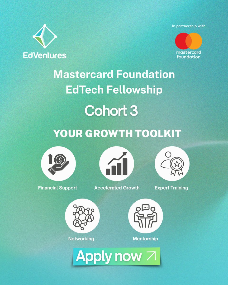 EdVenturesVC's tweet photo. Do you have an #EdTech #startup? 

Get expert #mentorship, growth support, access to #funding, and join a strong network.
Apply now to Cohort 3 of the @MastercardFoundation EdTech Fellowship 
https://t.co/Oo53OAdkdW https://t.co/ul3CEVtXh0