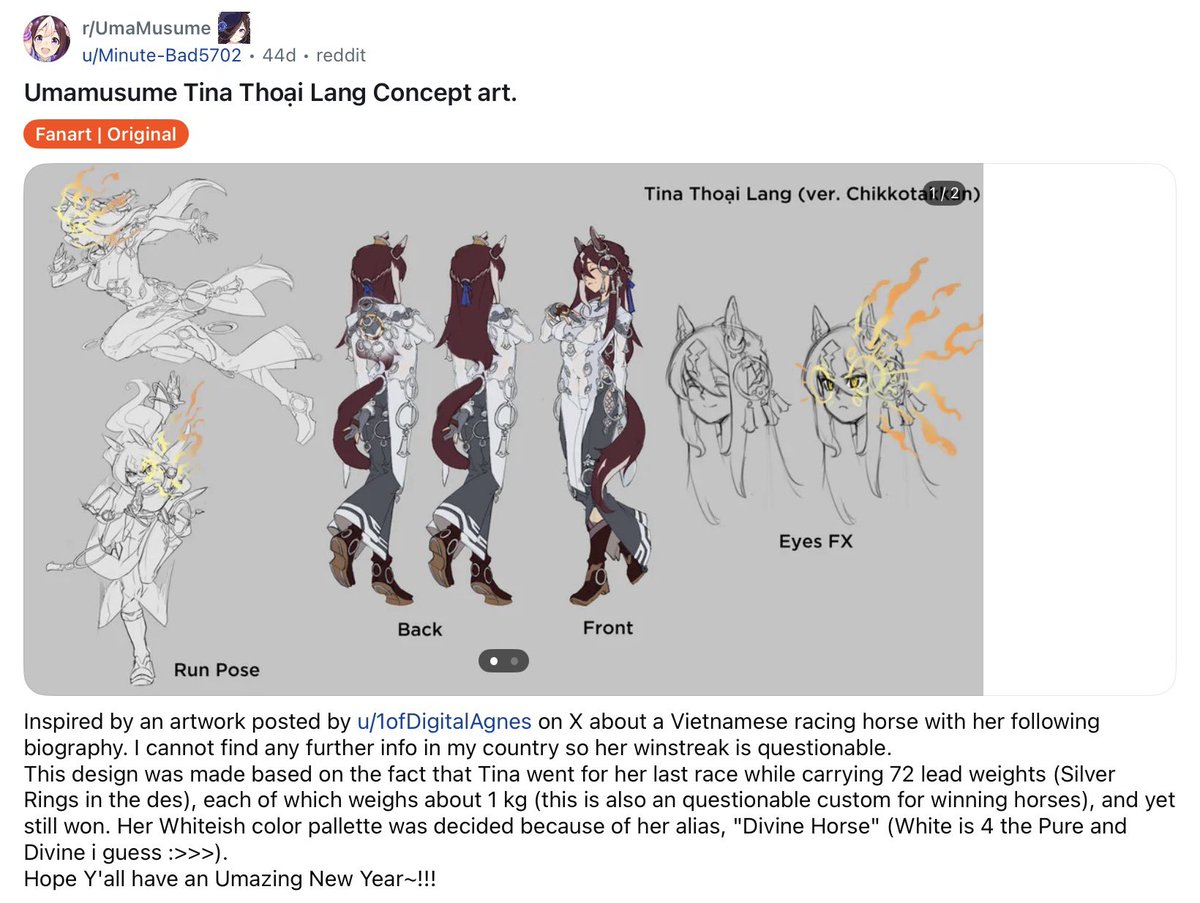 1ofAgnesDigital's tweet photo. Today when I reading reddit I suddenly found an artist who inspired by my design and make this wonderful 🇻🇳 Tina Thoại Lang art !✨😭😭 umamusume worldwide!!!! https://t.co/e9Abtjfy3s