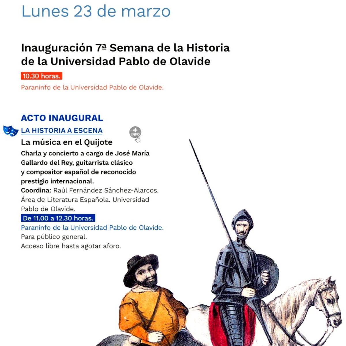 🇪🇸¿Sabías que El Quijote está lleno de referencias musicales? ♪ Descúbrelo este lunes 23 en una experiencia única donde literatura y música se encuentran.→ Lunes 23, 11:00-12:30h
→ Paraninfo Universidad Pablo de Olavide  
→ Acceso libre hasta agotar aforo