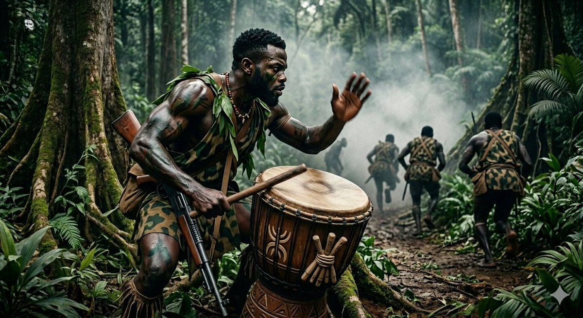 FictionXHistory's tweet photo. In 1901, the British marched unaware they were encircled. Ikenna’s low whistle split the air. Gunfire erupted from both sides. Several soldiers fell as confusion spread. Before the Maxim gun could be set, drums thundered, the fighters withdrew into the forest. #Arochukwu #History https://t.co/48dvSyKnoO