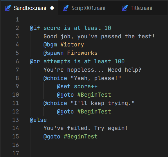 naniengine's tweet photo. Previously, NaniScript commands could only be nested using spaces. Now tabs are supported as well — use whichever you prefer!

👉 https://t.co/uEBpSG94TQ

#gamedev #vndev #naninovel https://t.co/Im9eYolH9n