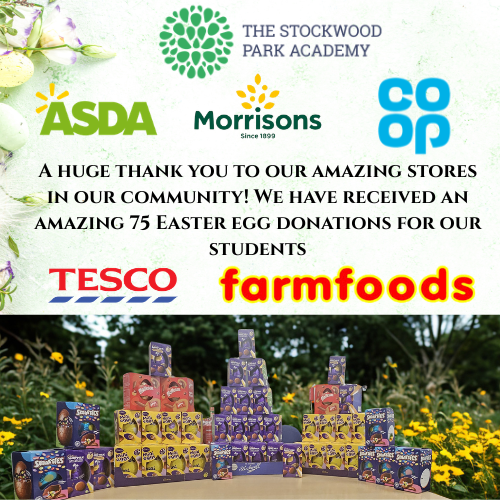 StockwoodPk's tweet image. A heartfelt thank you to our wonderful community stores for their generous Easter egg donations for our students. We really appreciate your support.
@Tesco @Morrisons @asda @coopuk 
#dunstable #Luton #farleyhill #community 
@advschools
