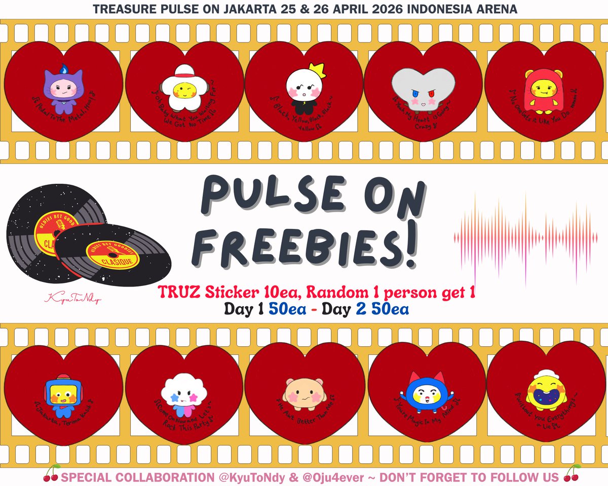 KyuToNdy's tweet photo. FREEBIES TREASURE PULSE ON JKT 
 freebies 𝘣𝘺 : @KyuToNdy &amp; @oju4ever 

🗓️ 25 &amp; 26 April 2026 
📍 Indonesia Arena
⏰ TBC

🍒 RT, follow &amp; likes are appreciated
🍒 Find us &amp; say Hi
🍒 Kindly tag us if u get it
🍒 Do not throw/sell

✨❤️‍🔥 SEE YOU ❤️‍🔥✨

#TREASURE_PULSE_ON_IN_JAKARTA https://t.co/Z7vQ2DjFNB