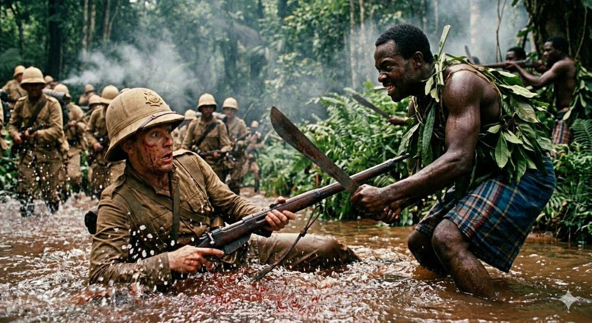 FictionXHistory's tweet photo. The British recovered &amp; regrouped, sweeping the forest with Maxim guns that shredded leaves &amp; cover. Villages accused of aiding resistance were burned.;Ikenna answered with smaller units &amp; fresh ambushes. At a stream crossing, hidden marksmen struck from raised banks. #Arochukwu https://t.co/OCt5Bo6Q9o