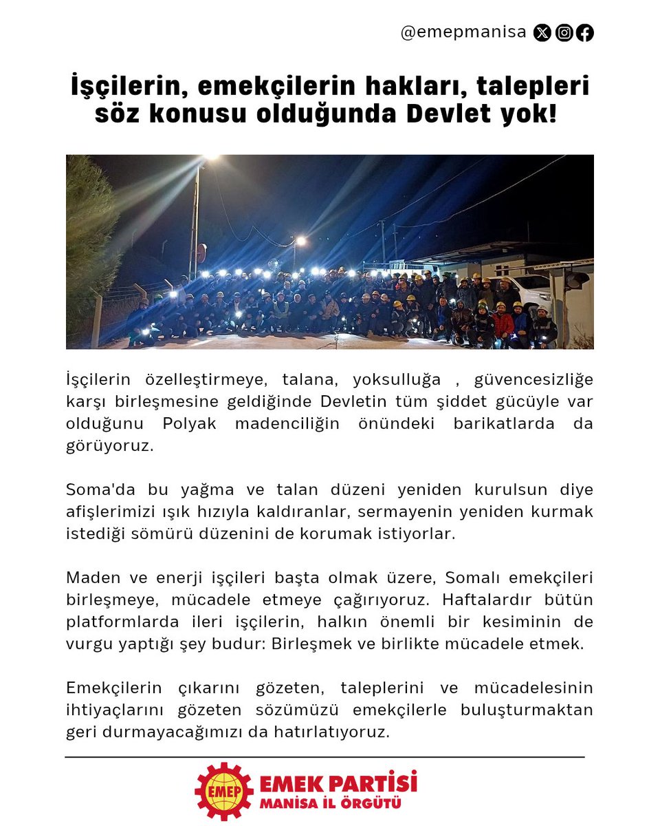 EmepManisa's tweet photo. Devlet, Somalı işçilerin mücadelesine ve birleşme çağrılarına karşı önlem(!) alıyor.  Soma'da Partimizin İşsizlik tehdidine, işçilerin haklarının budanmasına, düşük ücret dayatmasına ve iş cinayetlerine karşı Enerji ve Maden işçilerini birleşmeye çağırdığı afişlerine özel muamele https://t.co/Rnohrt6GuR