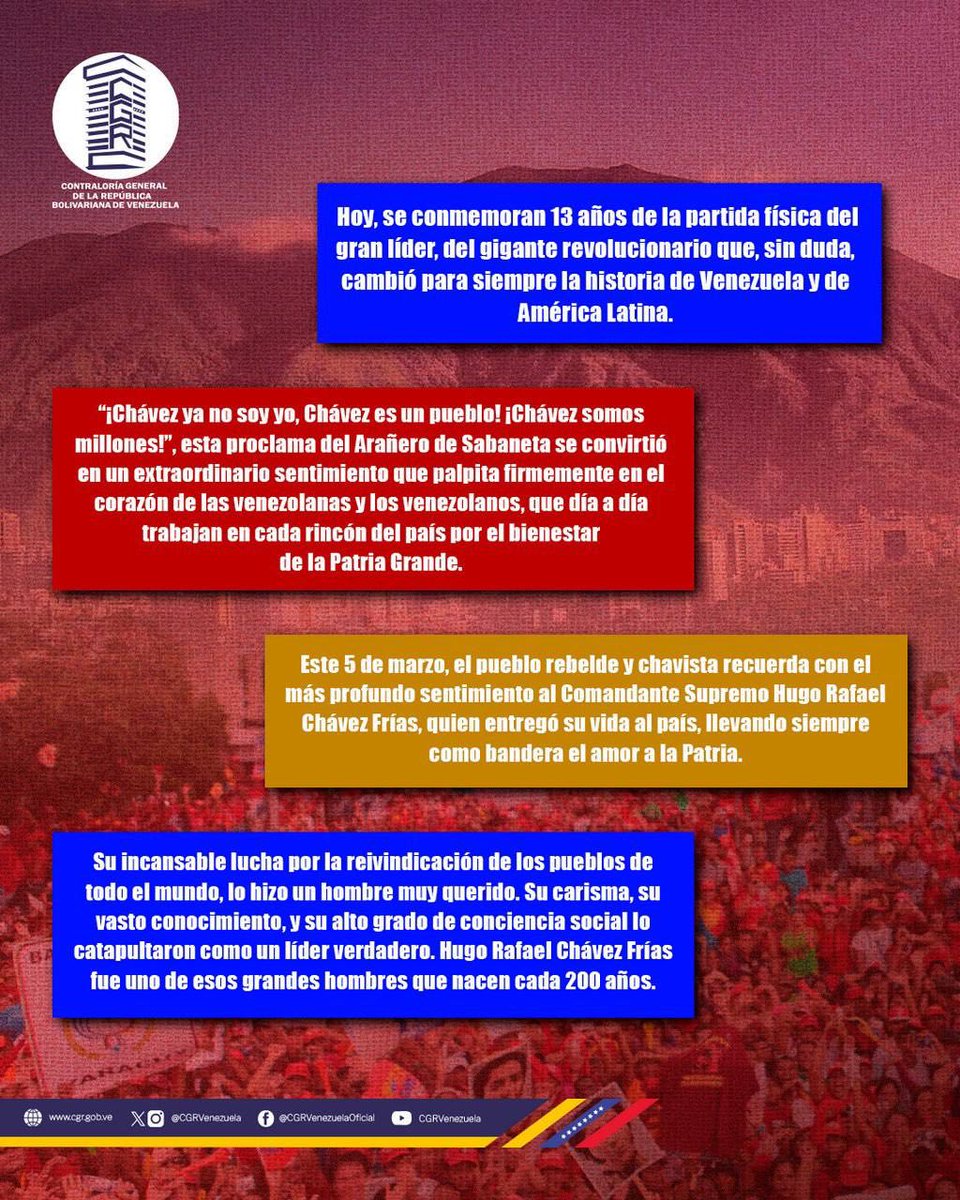 #SiembraDeChavez
Este 5 de marzo, exaltamos su incansable lucha por la reivindicación de los pueblos del mundo. Su carisma, su vasto conocimiento, y su alto grado de conciencia social lo catapultaron como un líder verdadero, uno de esos grandes hombres que nacen cada 200 años.