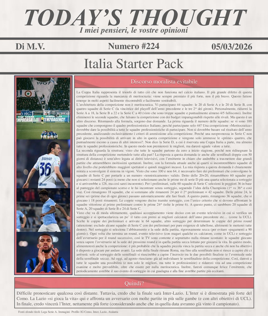 Teovivi010's tweet image. #CoppaItalia #ComoInter #LazioAtalanta. Una fotografia dell'Italia calcistica in una competizione da rinnovare assolutamente, senza alcun pathos né imprevedibilità. Due partite evitabili per entrambe, che hanno deciso di giocarsi tutto all'ultimo. Tanto poi c'è il ritorno...