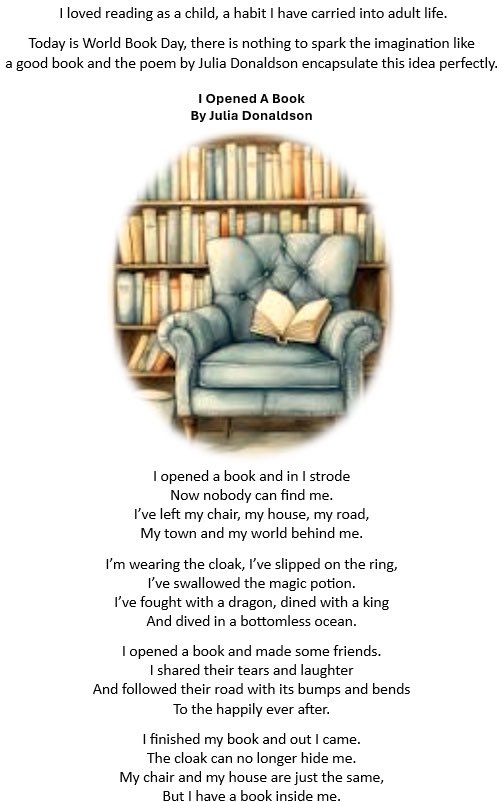 #WorldBookDay2026 
I loved reading as a child …this lovely poem is so true 👇

To all the children in #PaisleyRenfrewshireNorth - however your school is celebrating 
Happy World Book Day today ! 

 #books #Imagination #stories #writers #authors #JuliaDonaldson