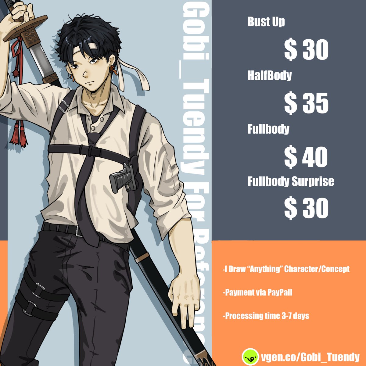 Just a reminder I’m open for commissions over at VGen Guys!! (⁠ﾉ⁠≧⁠∇⁠≦⁠)⁠ﾉ⁠ 
🔗 vgen.co/Gobi_Tuendy

RTs and shares are much appreciated! 🙌
#commissionsopen #VGen #animeart #VGenComm #VGenOpen