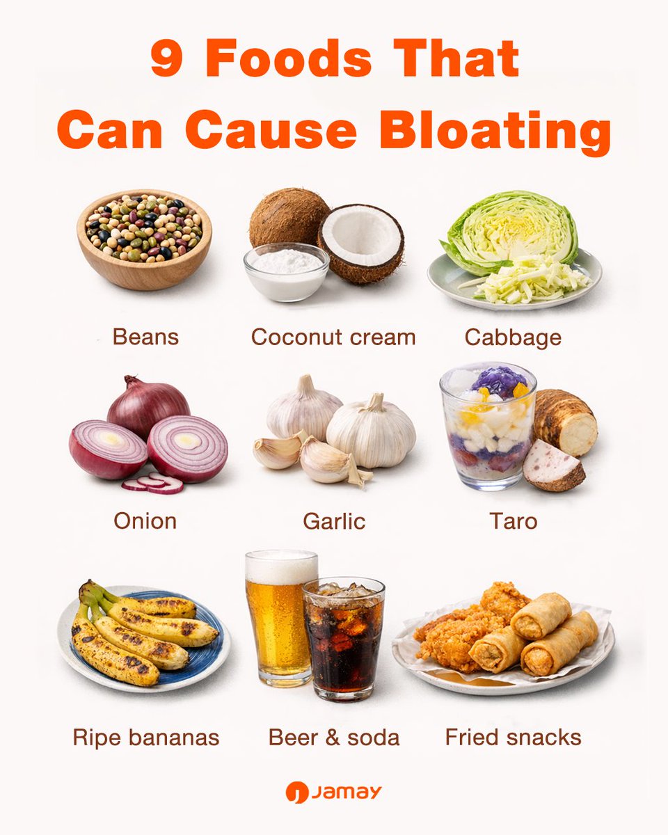 Jamayofficial's tweet photo. Bloated after meals? 🤔
Burping a lot? 💨
Or passing gas frequently? 😅
Jamay says it might be the foods that cause bloating! 🍽️
Let’s check them out together! 👇
#Jamay #GutHealth #Bloating #HealthyFoods #FoodTips https://t.co/dY3vuejhYE