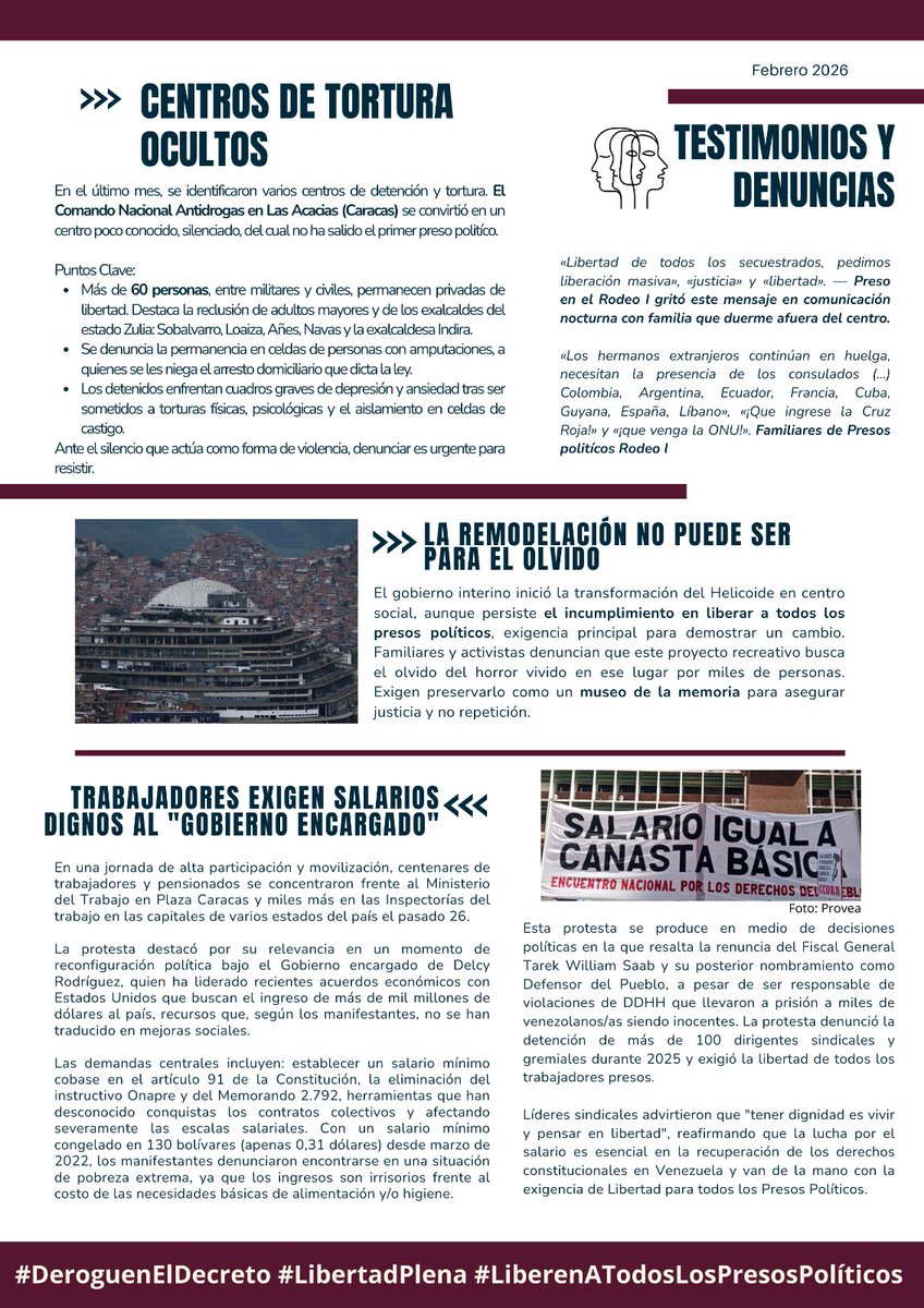 🗞️ BOLETÍN DEL COMITÉ | Febrero, a diferencia de enero, confirmó el continuismo de la #Dictadura, aunque ahora con nuevos métodos. Presentamos nuestro segundo boletín 2026 destacando el caso del #DefensorDeLaTortura, quien pasó a sustituir al cargo más inútil que ha tenido el