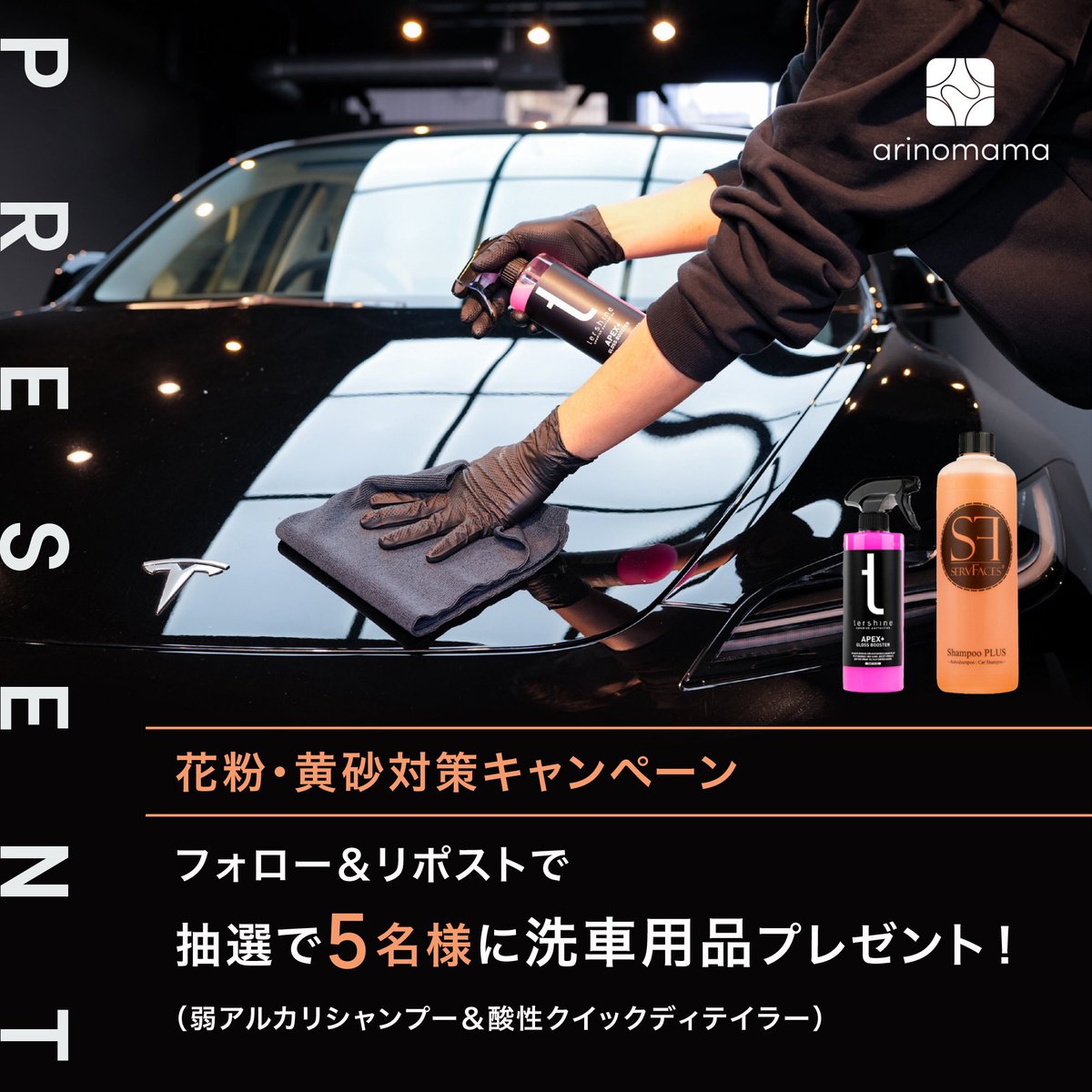 arinomama2023's tweet photo. 🎁 花粉・黄砂対策 洗車用品プレゼントキャンペーン 🎁

春の大敵「花粉・黄砂」
放置するとシミ・塗装ダメージの原因に。

そこで、
花粉・黄砂に効果的な洗車アイテム2点セットを
👉 抽選で5名様にプレゼント！
▪︎tershine Apex+ Gloss Booster（酸性クイックディテイラー）
▪︎servFaces Shampoo PLUS（弱アルカリシャンプー）

📅 応募期間
3月5日〜3月10日まで

🎯 応募方法
① @arinomama2023 をフォロー
② この投稿をリポストor引用リポスト
※当選の結果を結果発表とさせていただきます。

📖 ▼ 愛車を花粉と黄砂から守るHow toコラム ▼
https://t.co/O1CX8zYOqR
愛車の美観を維持するために、こちらのコラムも併せてご覧ください。

#arinomama
#ありのまま
#海外カーケア専門店
#ターシャイン