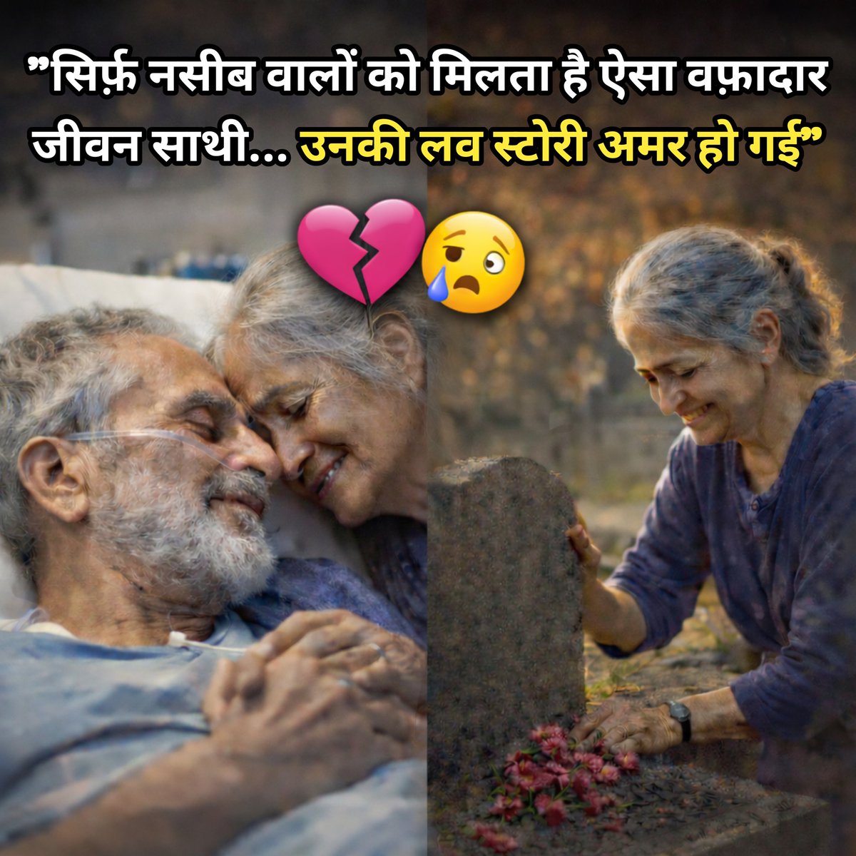 "सिर्फ़ नसीब वालों को मिलता है ऐसा वफ़ादार जीवन साथी... उनकी लव स्टोरी अमर हो गई 💞😭"

आज सुबह-सुबह ये शॉर्ट देखा और आँखें नम हो गईं... 😢❤️

कल्पना करो, एक ऐसा प्यार जहाँ बीमारी आए, मौत दरवाज़ा खटखटाए, लेकिन साथ कभी न छूटे।

पति की आखिरी साँसों में भी पत्नी ने हाथ नहीं छोड़ा