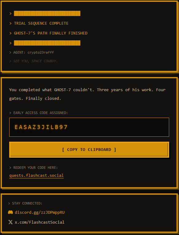 Finally completed the trials flashcast by <a href="/zkPavi/">Pato</a> and got my access code.🥳

It was a very interesting, full adventure, and you must keep in mind all the details of the puzzle.

Thanks for this opportunity and the game <a href="/zkPavi/">Pato</a> <a href="/vanishree_rao/">Vanishree Rao</a> <a href="/fermah_xyz/">Fermah</a>  <a href="/FlashcastSocial/">@flashcastsocial</a>