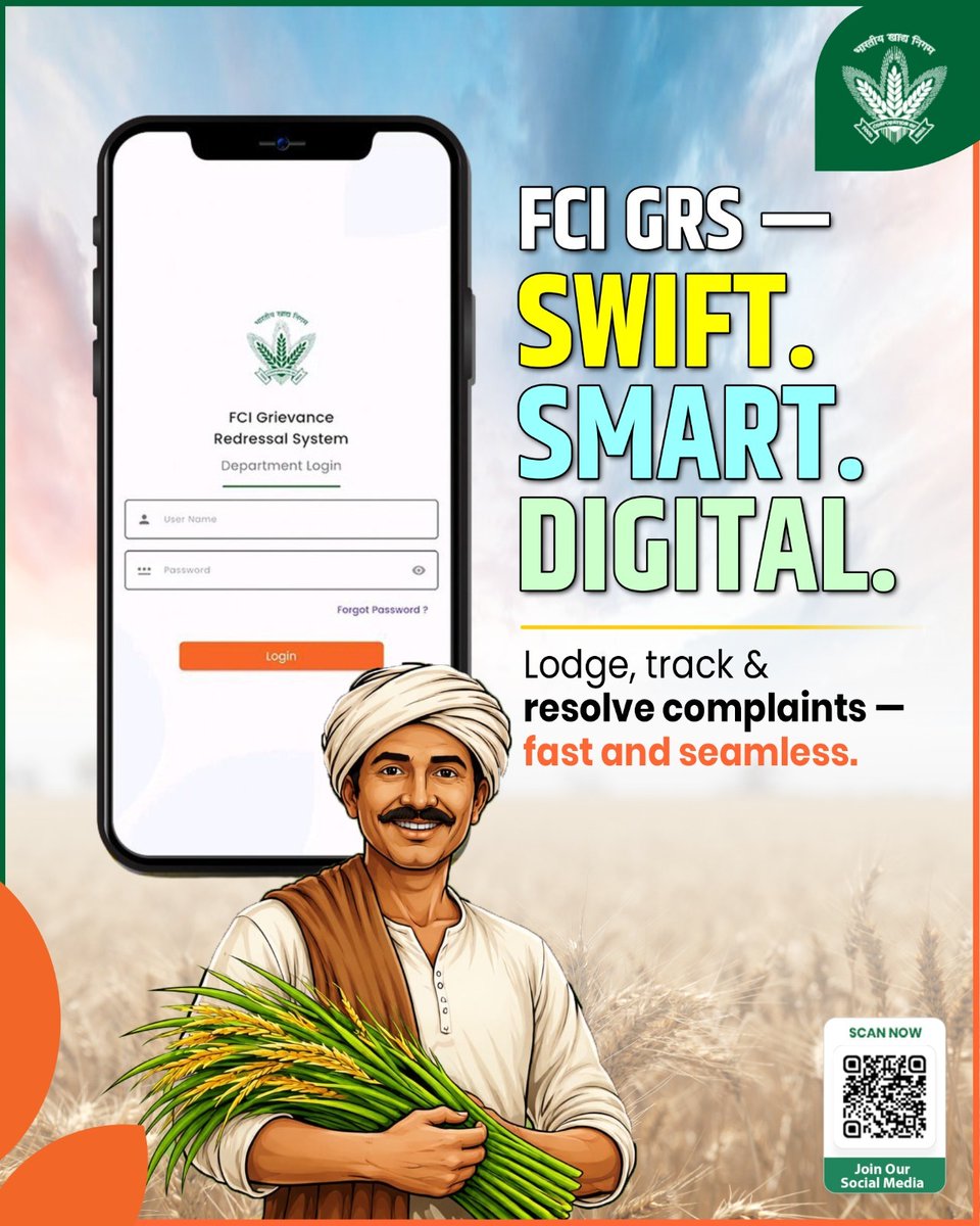 📲⚡ Swift. Smart. Digital.
With FCI GRS, complaints get solved faster than ever! 🌾✅
👉 Lodge • Track • Resolve — all in one click.

#FCIGRS #DigitalIndia #FarmersFirst #SmartSolution