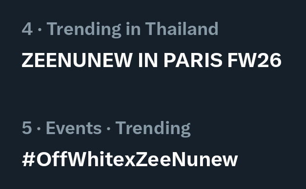 🔑 Keyword : No.4 Thailand 🇹🇭✨
#️⃣ Hashtag : No.5 Thailand 🇹🇭✨

ค่อย ๆ ขยับขึ้นแล้ว ฮึบ ๆ 💪🏻

ZEENUNEW IN PARIS FW26
#OffWhitexZeeNunew
#OffWhiteFW26

<a href="/OffWht/">Off-White™</a> #OffWhite
<a href="/zee_pruk/">Z</a> #ZeePruk
<a href="/CwrNew/">NuNew</a> #NuNew